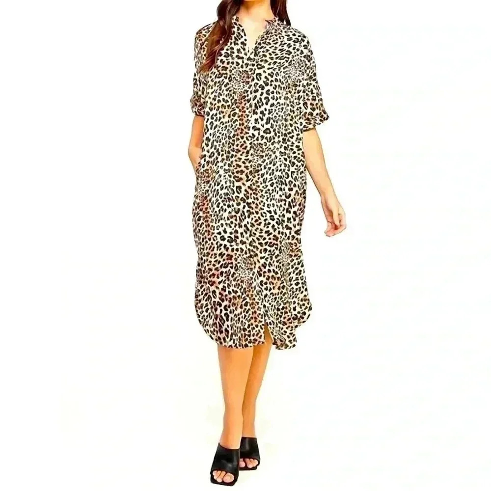 Ellison Maxi Dress Size L Animal Cheetah Print Slinky Mob Wife Comfy Button Down